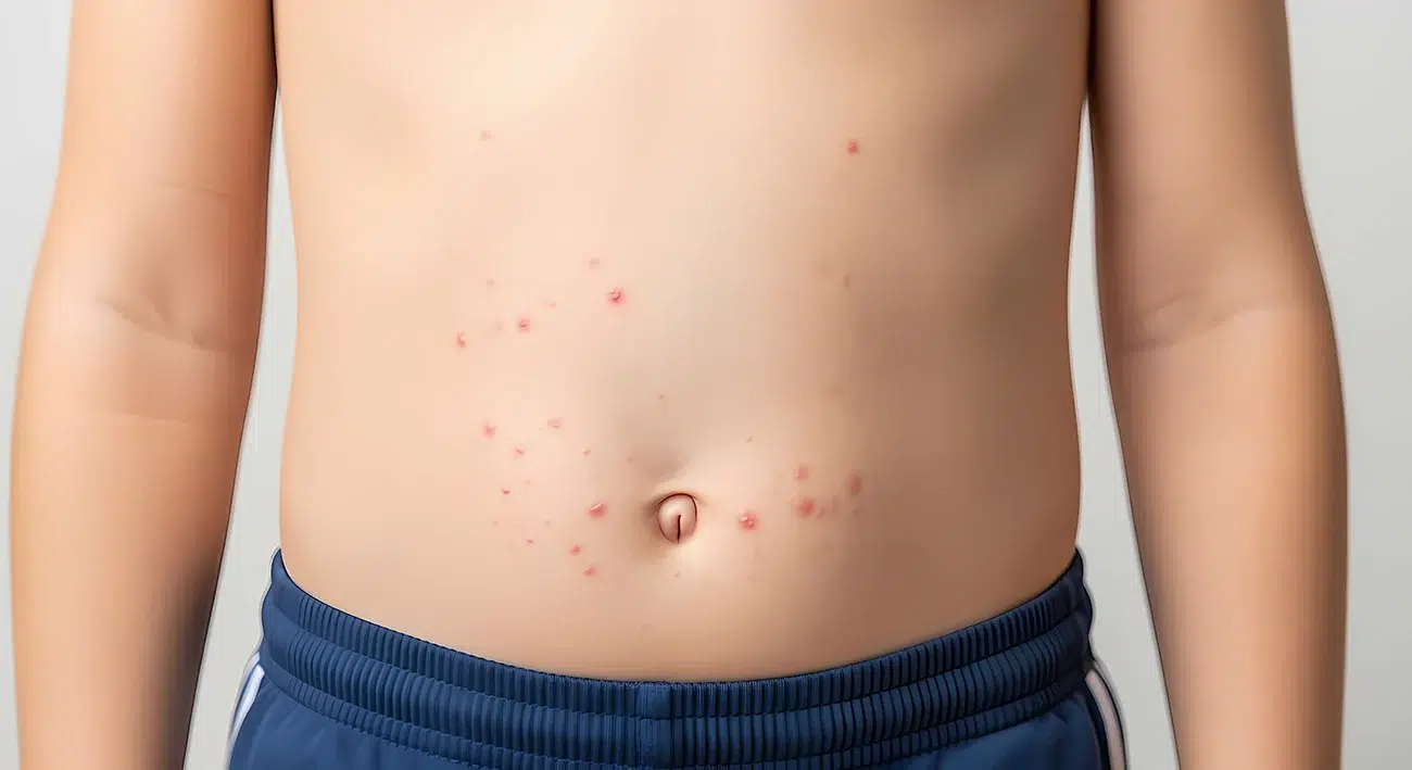 Clinical close-up of a child's abdomen with a red spotty rash