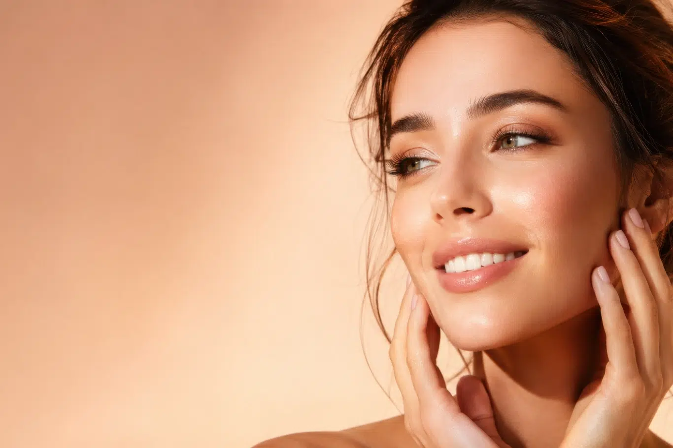 natural youthful face Smiling woman with glowing smooth skin touching her face