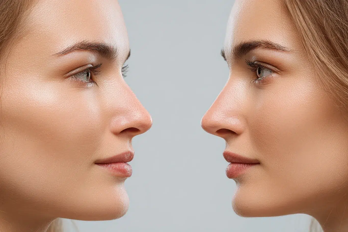 woman balanced natural nose profile A woman with a close up of her profile displaying the nose before and after nose job